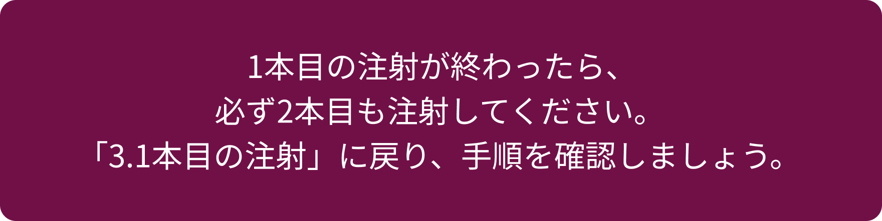 1本目の注射が終わったら、必ず2本目も注射してください。「4.　1本目の注射」に戻り手順を確認しましょう