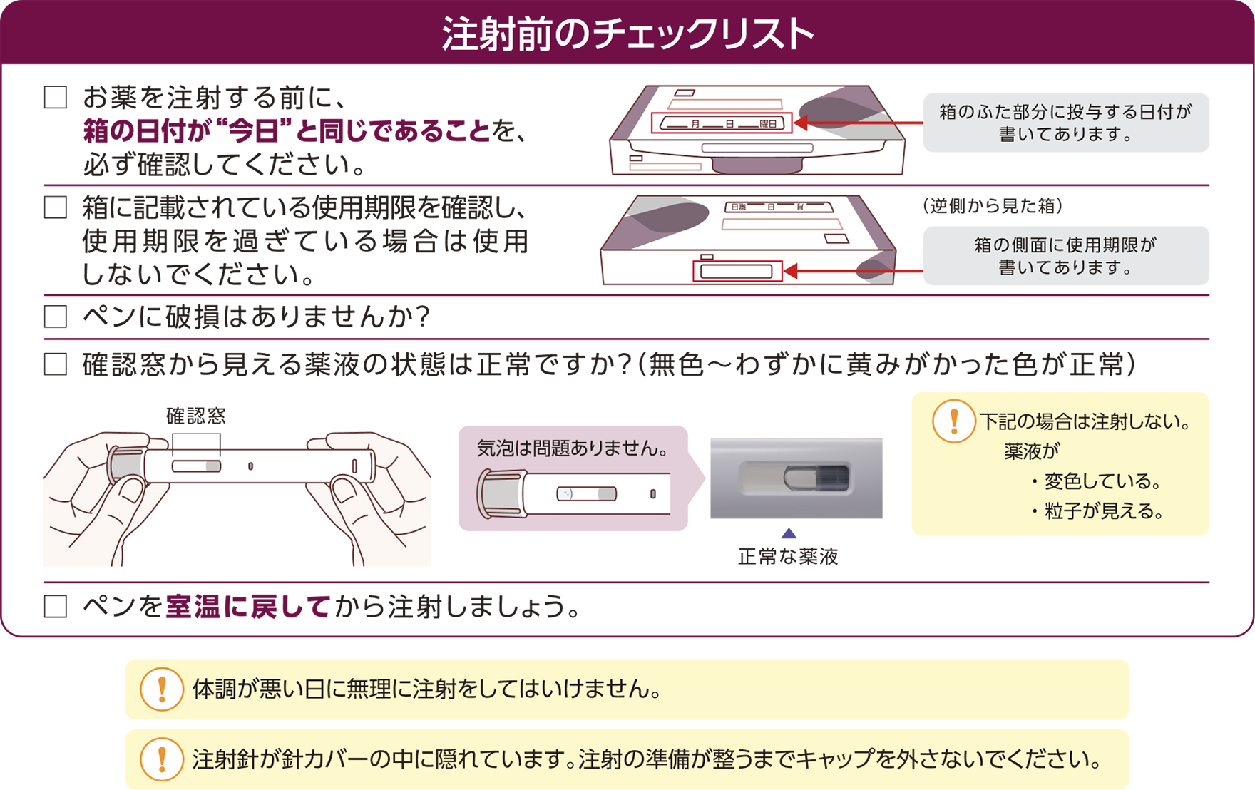 注射前のチェックリスト（全6項目）