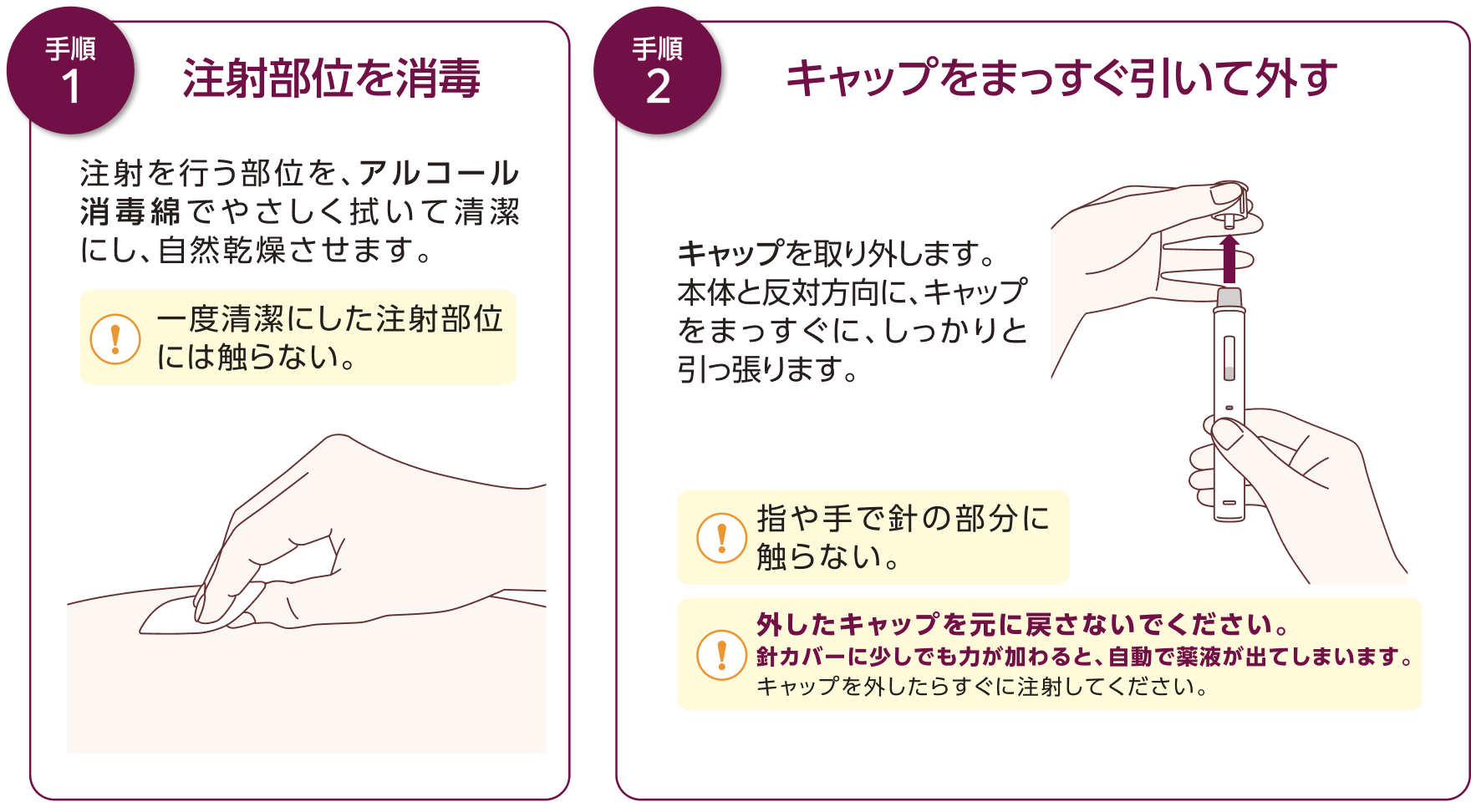 1本目の注射手順（手順1：消毒、手順2：キャップを外す）